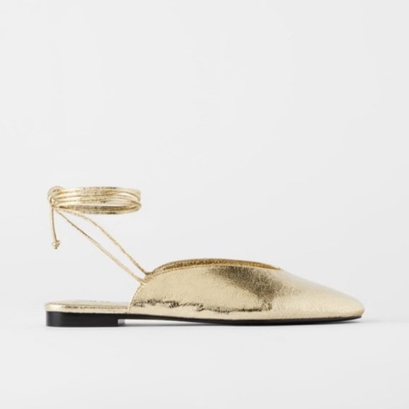 Zara | Shoes | Zara Metallic Gold Flat Mules Ankle Tie | Poshmark